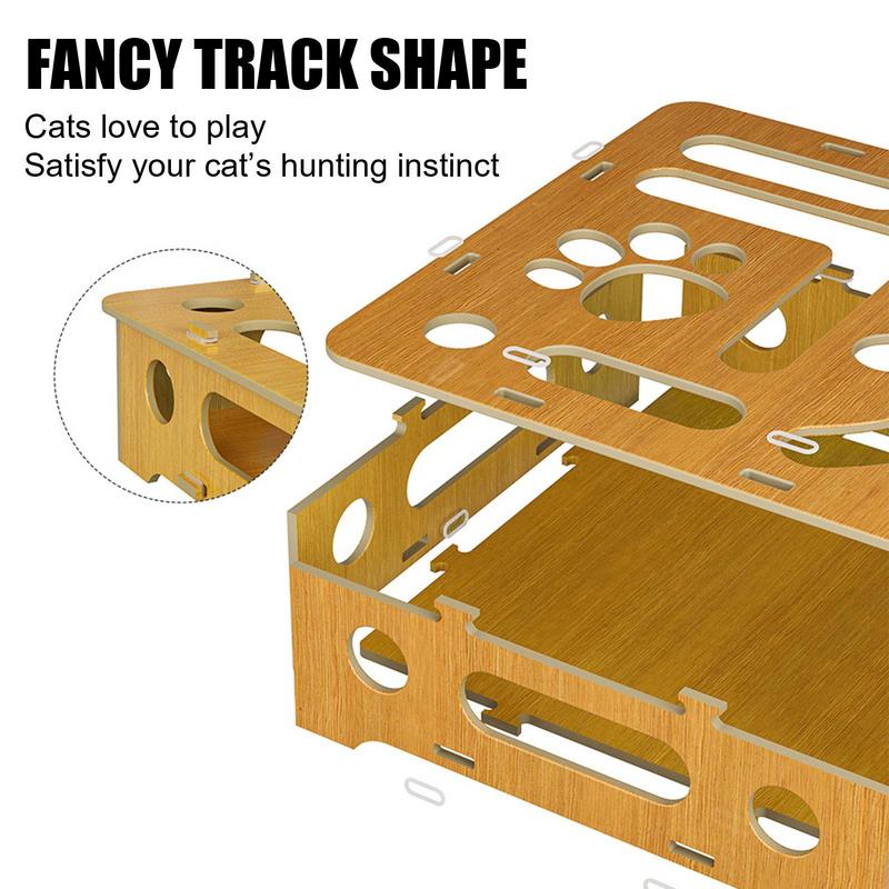 Cat Puzzle Toy Cat Toys Puzzle Wood Box with Feather and Balls Indoor Sports Entertainment Hunting Interactive Spring Cat Teaser