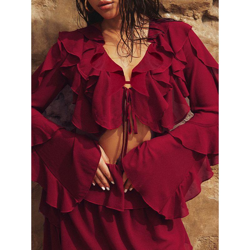 Decodediva [Desert Road Crazy Flower] Vacation Chiffon V Neck Long Sleeves Multi-Layer Shirt Top Suit Skirt Summer