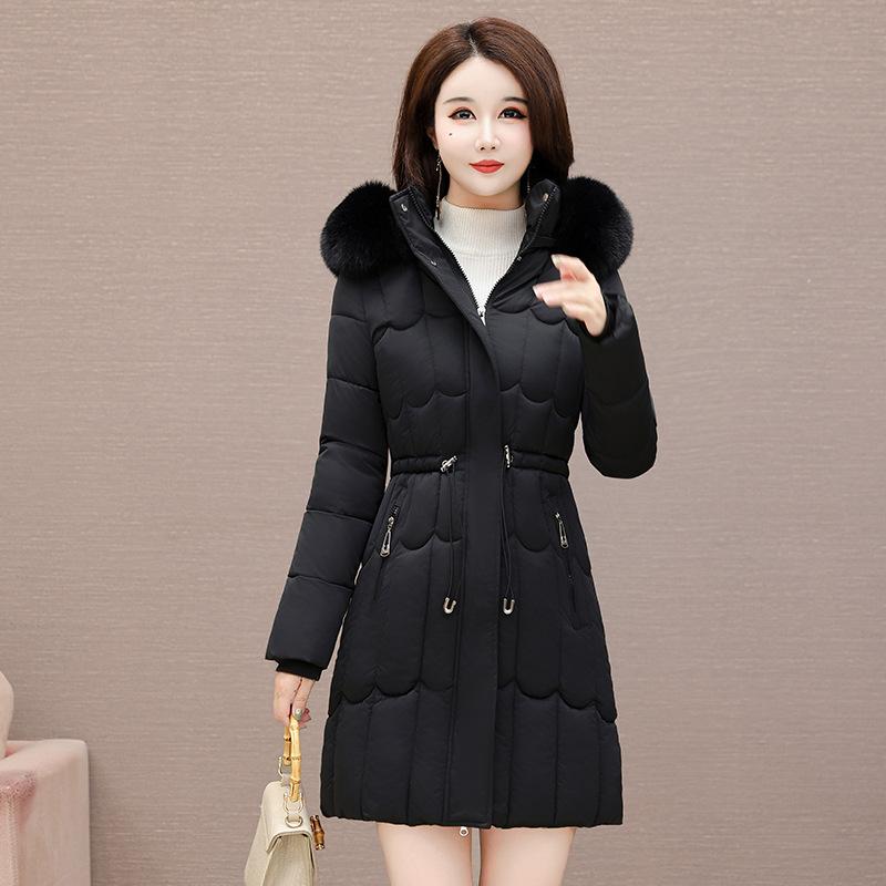 Zahraniční obchod zimní bavlněná dámská nová středně dlouhá korejská verze pas zateplená bavlněná bunda nový bavlněný kabát velký kožešinový límec