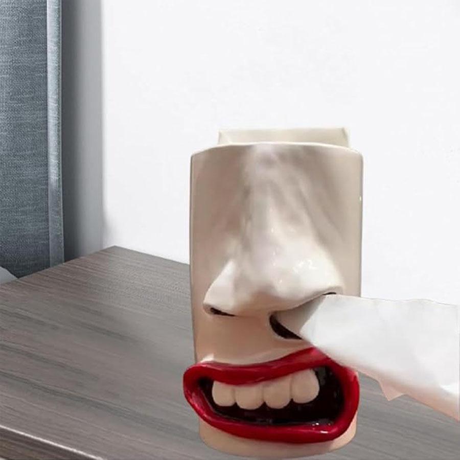 Handmade Funny Face Tissue Holder with 3D Nose and Mouth Design, Unique Tissue Box Dispenser for Bedroom Bathroom, Fun Gag Gift