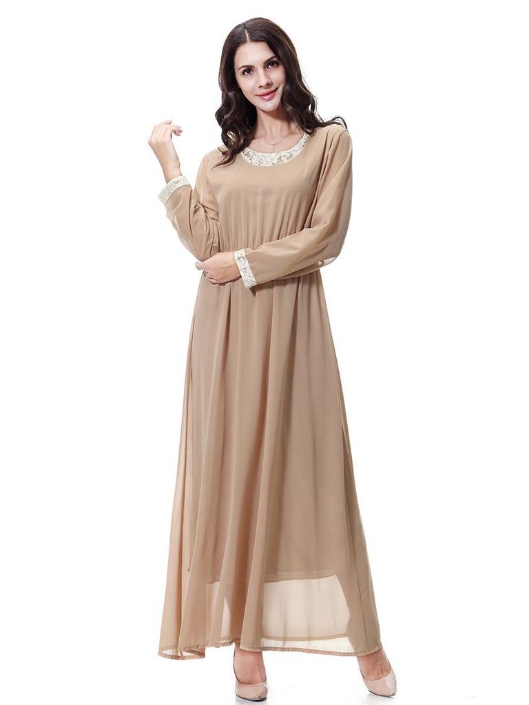 Women's Chiffon Lace Maxi Dress with Round Neck and Long Sleeves, TH923
