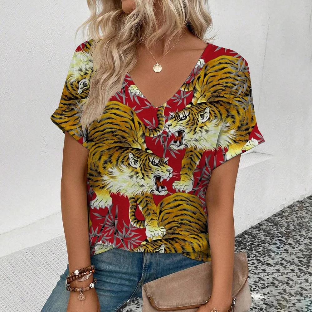 

Футболка с V-образным вырезом, сексуальным леопардовым принтом, летняя женская одежда с животным узором, короткий рукав, уличная женская одежда в корейском стиле XL