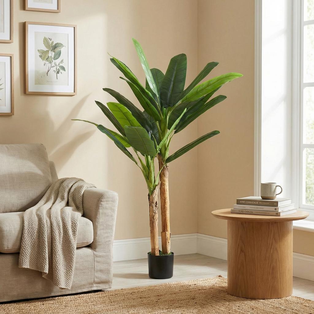 Artificial Banana Tree 150 Cm Decorative Artificial Plant With Pot And 2 Trunks For Home Office Living Room Green