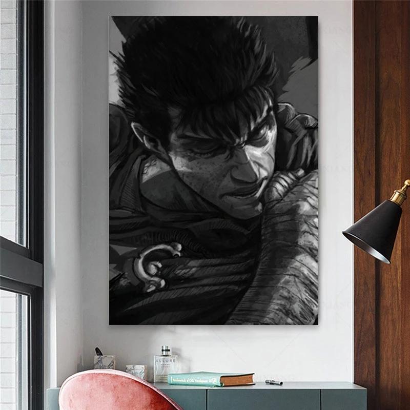 Solid Wood Frame Black and White Manga Anime Miura Kentaro Berserk Poster and Print Wall Art Canvas Painting Wall Art Picture Living Room Decor