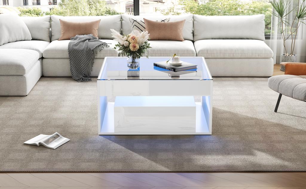 70 x 70 x 35 cm Coffee Table with 2 Drawers, High-Gloss, Openwork Design, Desk and Dining Table, Tempered Glass with LED, White