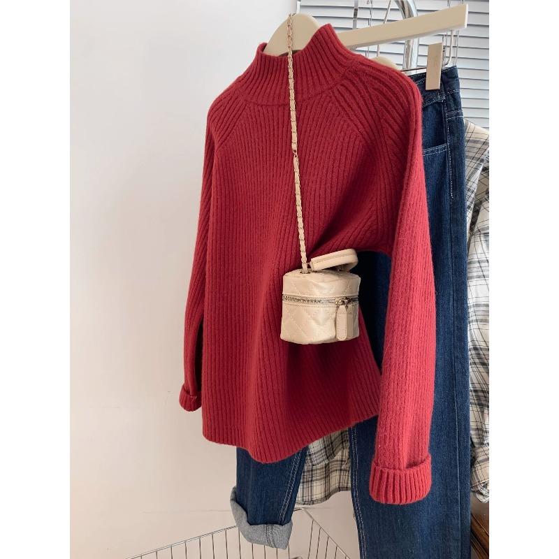 Pink semi-turtleneck bottoming sweater women's autumn, winter and winter high-end inner bottoming sweater small medium neck knitted sweater