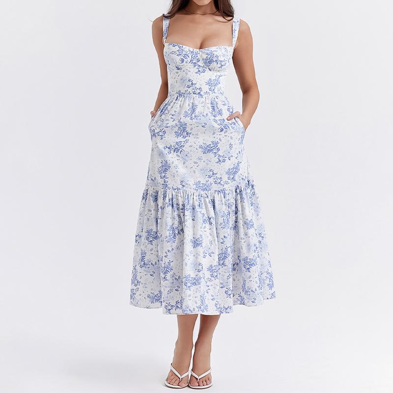 Dámské letní dlouhé šaty Volné Módní Ležérní Květinový potisk Bez rukávů Letní šaty