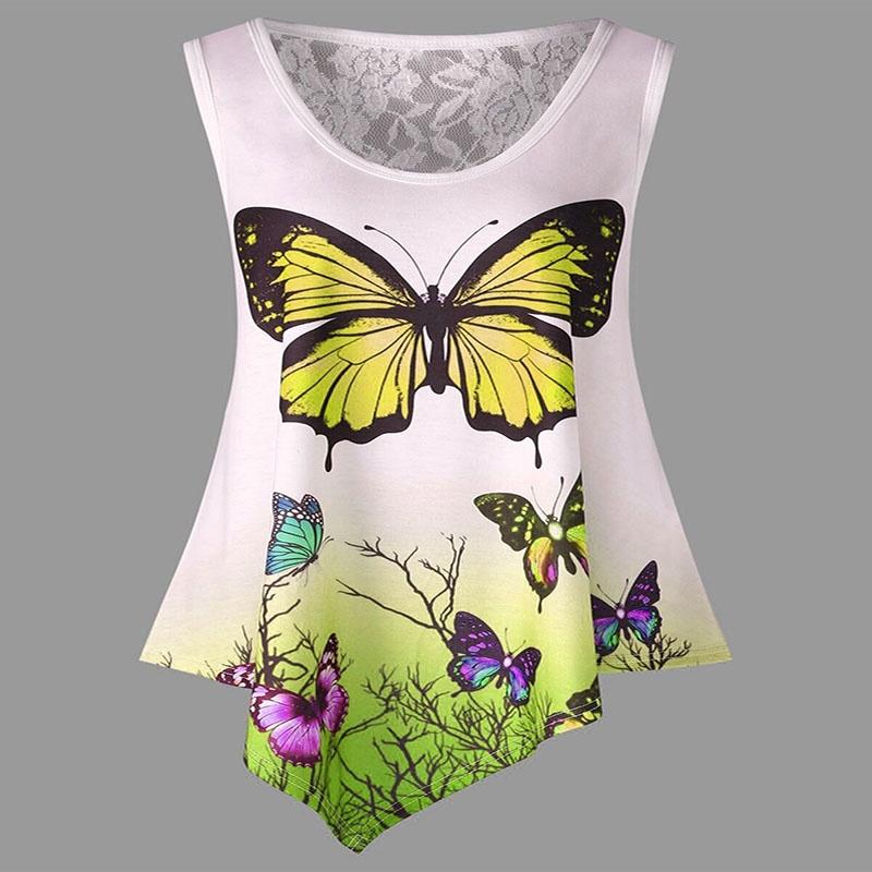 Stylish Women Sleeveless Butterfly Print Lace Patchwork T-shirt For Summer Chic