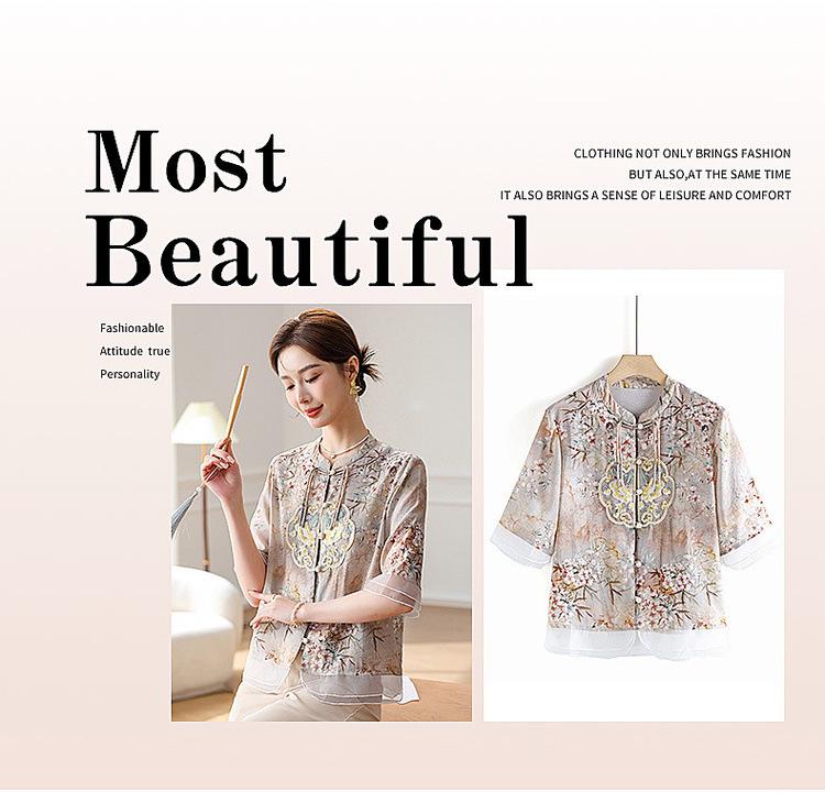 2024 New Chiffon Short Sleeve Blouse - Chinese Style Spring/Summer Top for Middle-Aged Women