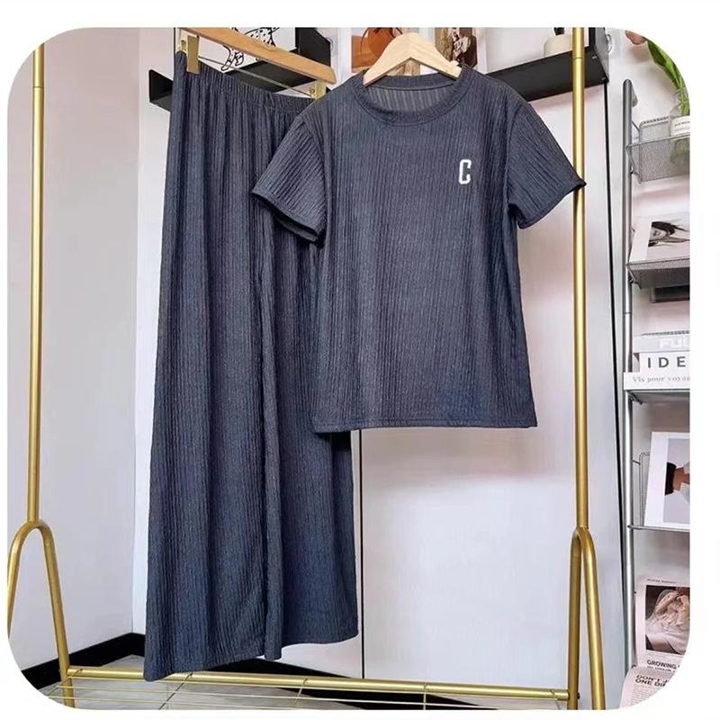 Embroidery Top Sleeved Wrinkle Short Straight Wide Leg Long Pants Set Woman Causal 2 Pieces Pajamas Home Wear Loungewear