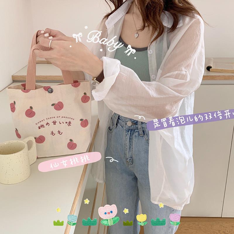Cute Japanese Peach Canvas Handbag Fresh Sweet Mini Tote Bag With Magnetic Closure