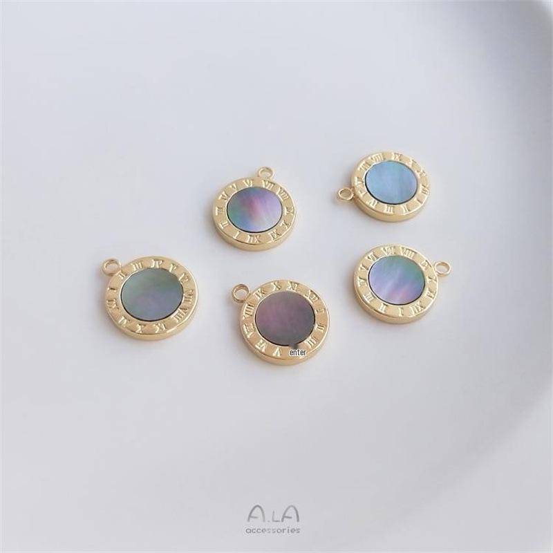 14K Gold-Filled Roman Numeral Disc Pendant with Inlaid Natural Grey Mother-of-Pearl Chain Necklace/Bracelet Charm