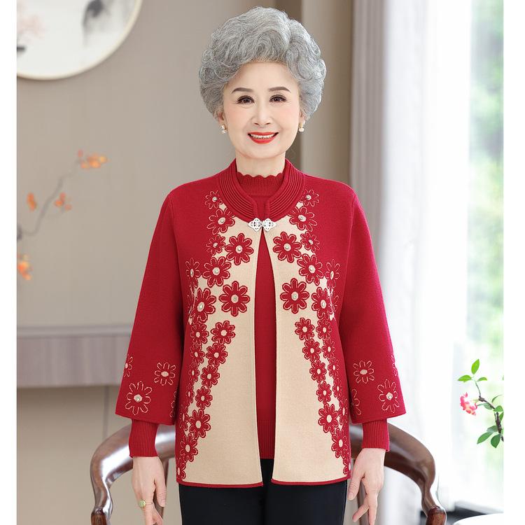 Middle-aged and Elderly Women with Velvet Tops In Winter, Mother's Autumn Wedding Banquet, Tang Suit Cardigan and Grandma's Sweater Two-piece Suit
