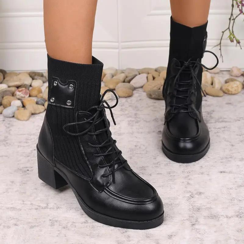 Fashion Vintage Metal Rivet Decoration Lace Up Ankle Boots Women 2025 Winter Round Toe Medium Heel Elastic Boots Elegant Solid Pu Shoes