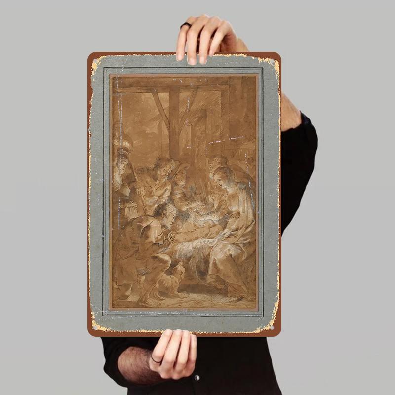Vintage Religious Scene Metal Wall Art Jesus Nativity Manger Painting 7.9x11.8In(20x30cm)