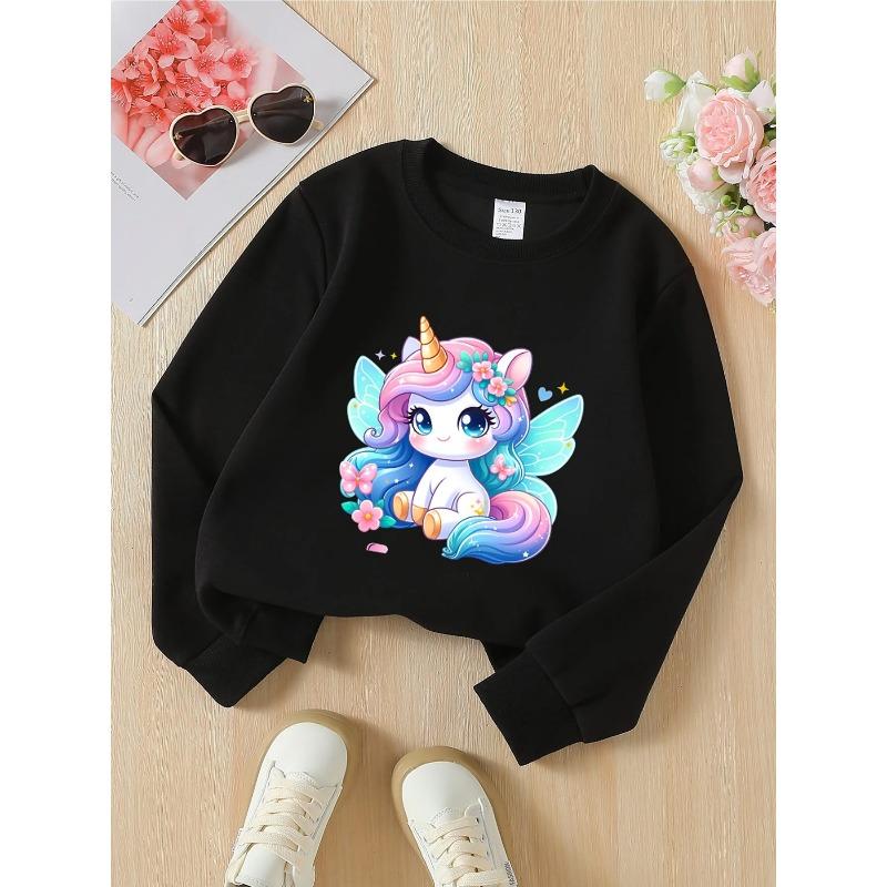 European sizes Crewneck Sweatshirt for Girls with Unicorn, Flowers & Wings, Soft Comfy Sportswear for Casual Outings