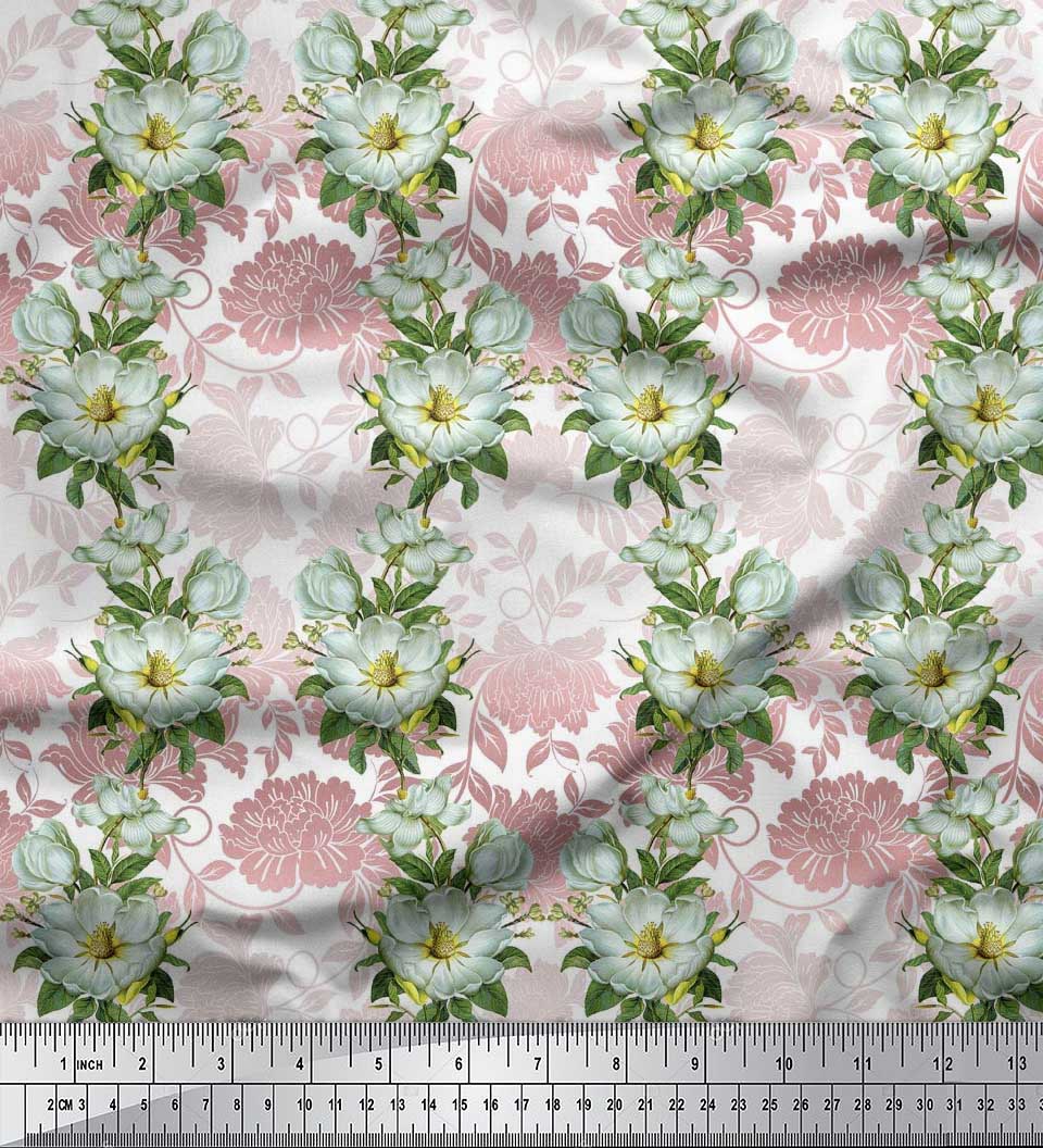 

Тканина Soimoi Japan Crepe Satin Leaves & Magnolia Floral Fabric Prints на метр 42 дюйма 42 Inch Wide - Poly Crepe білий