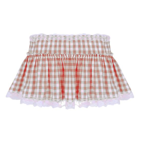 Mini Skirt Mid-rise Elastic Waist Plaid Print Lace Stitching Ruffle Short Skirt A-Line Halloween Cosplay Role-Playing Skirt