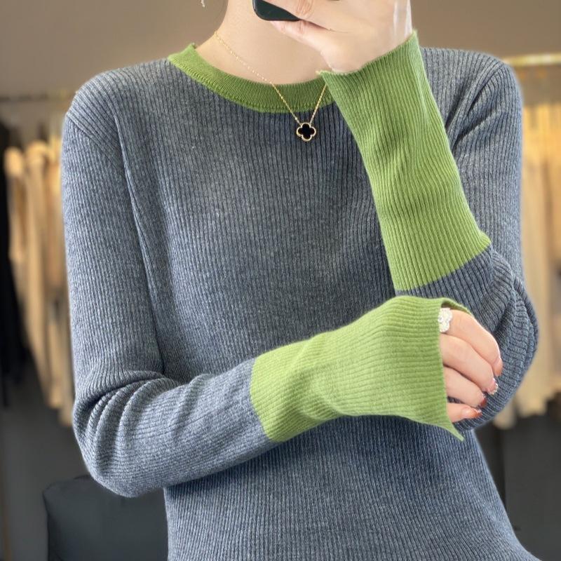 Spring and Autumn Slim Color Collision Round Neck Models Women's Fashion Commuter Style Knitwear Tops