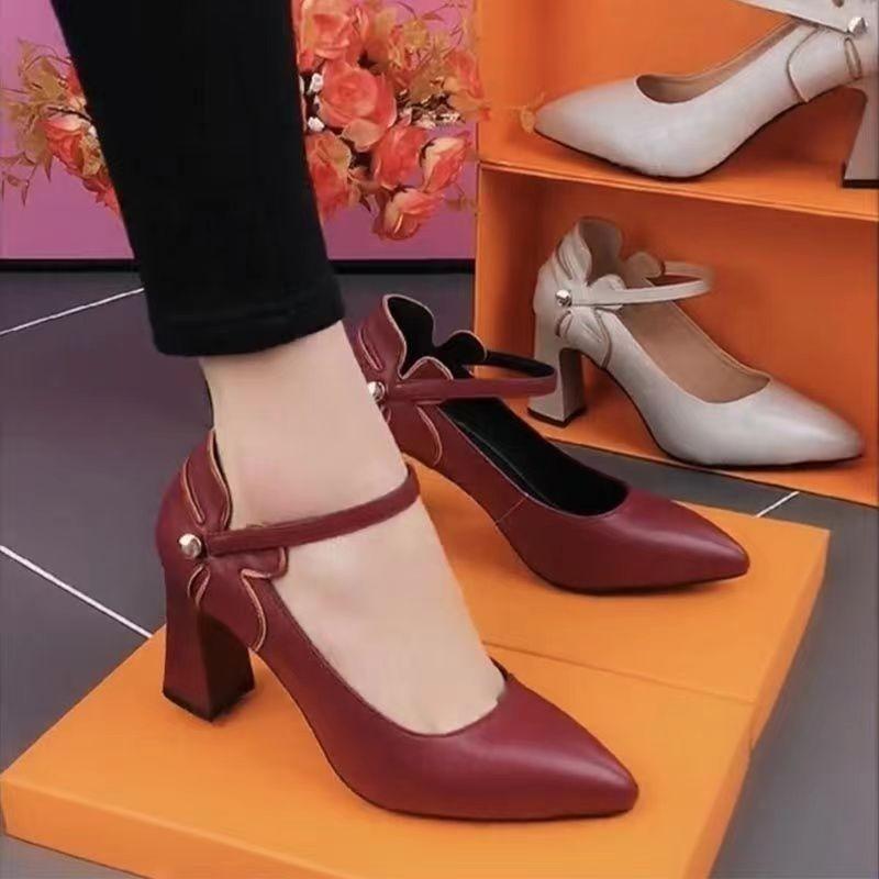 Fashion Spring New Soft Leather Simple Shallow Heels Pointed Toe Plus Size One Word Strap Versatile Soft Sole Single Shoes for Women