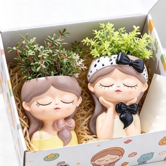 Cute Girl Face Planter, Resin Girl Head Planter, Decorative Small Plant Pot for Succulents Cactus Desk Balcony Decor