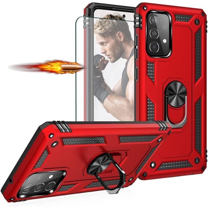 Coque pour samsung a52 5g (6,5") - proshop - rouge - coque rigide avec anneau support - 2 verres trempés