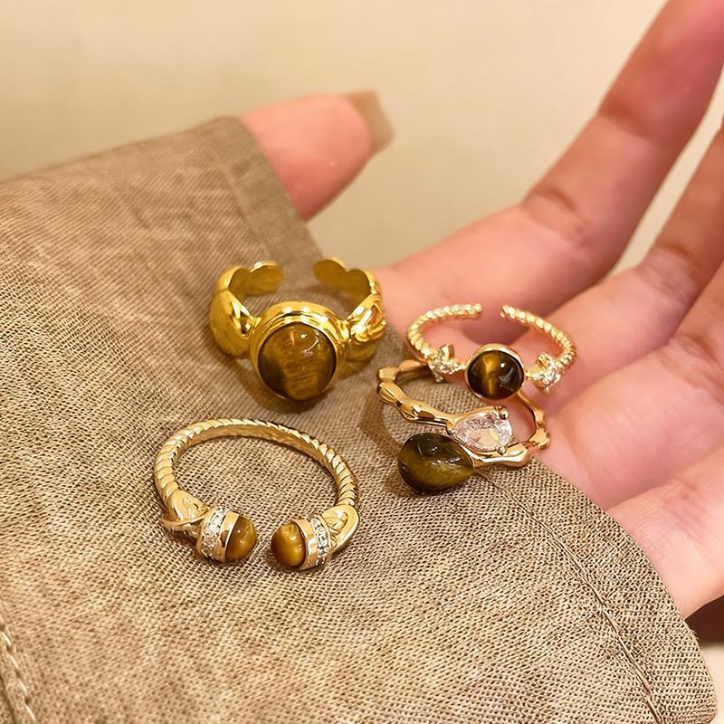 Vintage Tiger Eye Stone Rings for Women Girls Waterdrop Zircon Exquisite Aesthetic Open Ring Fashion Elegent Jewelry Party