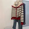 Navy Lapel Striped Contrast Knitted Cardigan Sweater Sweater Jacket Lazy Style Premium Thickened Top