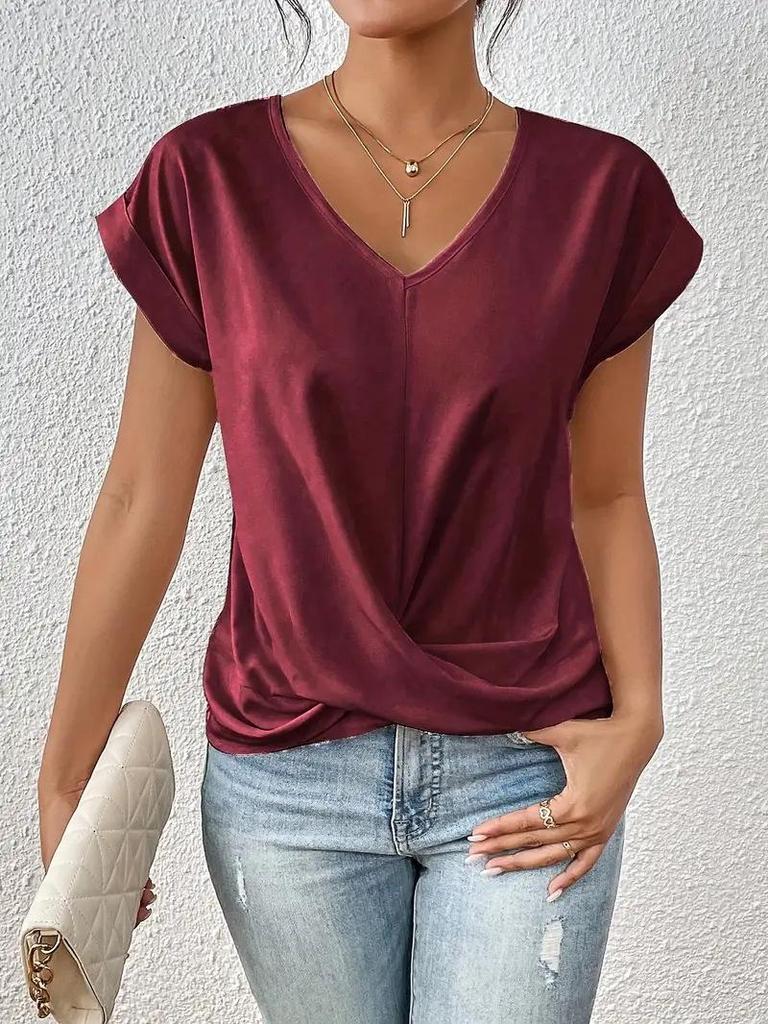 2026 Bestseller Women's Solid V-neck Short-Sleeve T-shirt - Elegant Spring/Summer Top