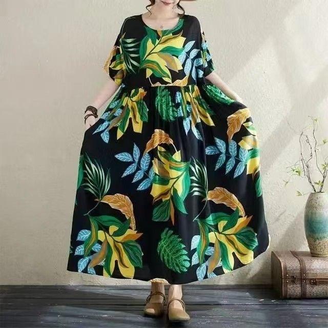 Summer New Literary Age Reduction Large Size Loose and Thin Printed Short-sleeved Long Dress with Pockets Over the Knee Skirt