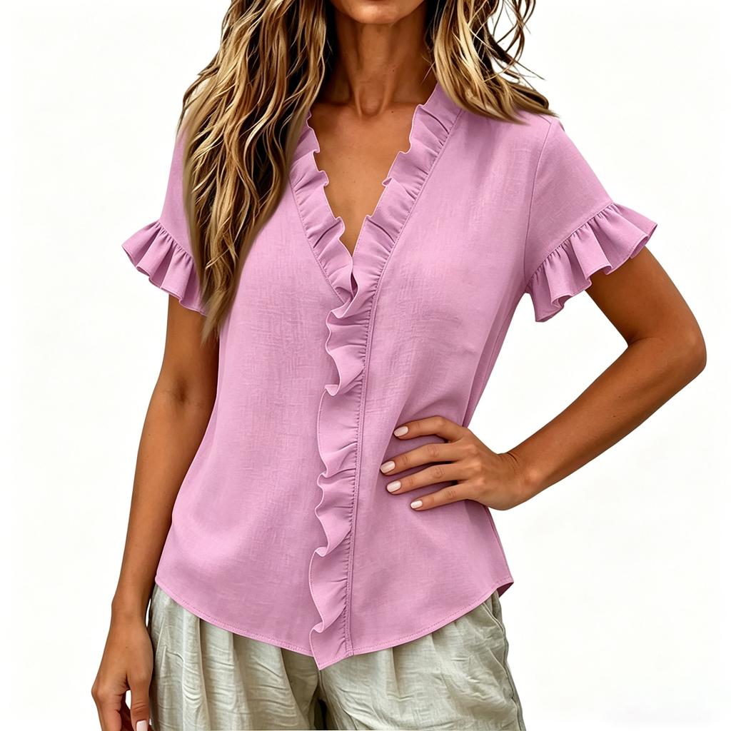 Womens Tops Cotton Linen  Short Sleeve V Neck Shirts Loose Top