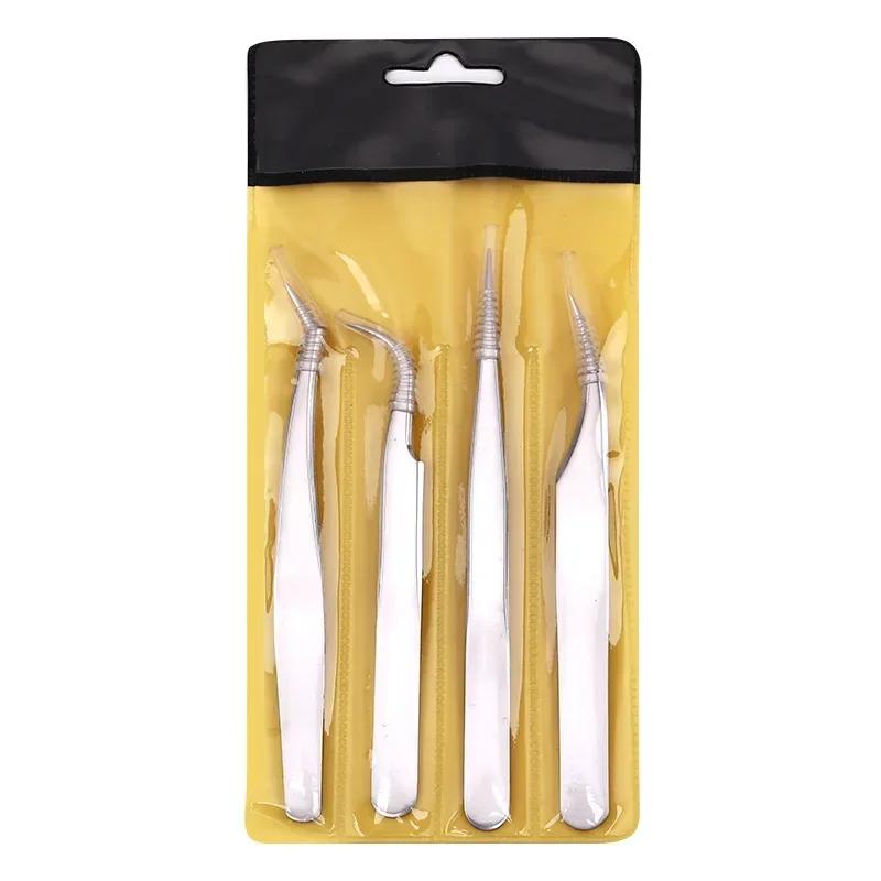 4pcs/set Stainless Steel Eyelashes Tweezers set Professional For Lashes Extension Anti-static Eyebrow Makeup Excellent Closure