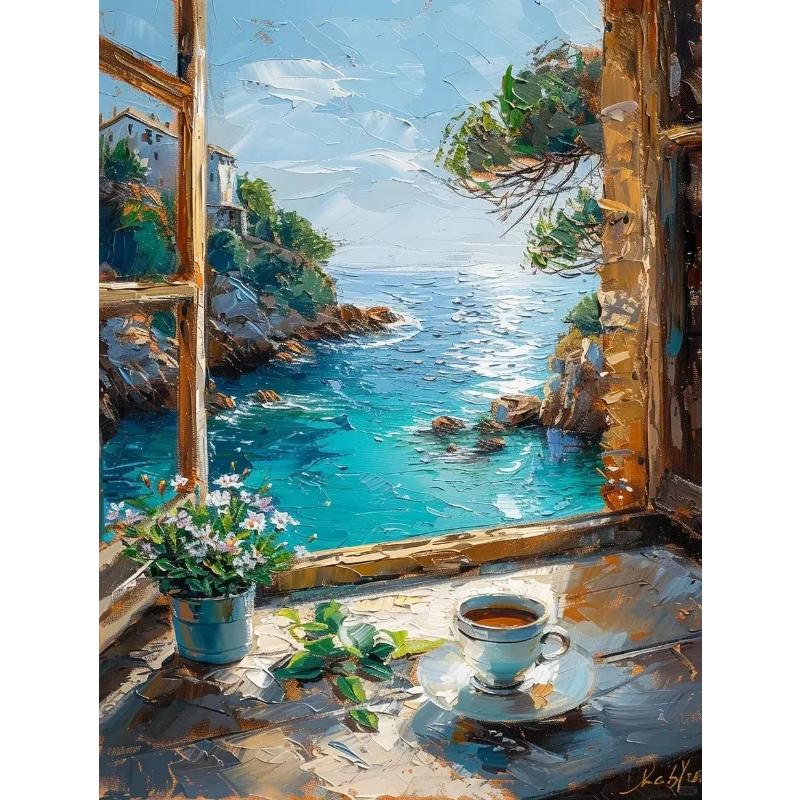 Abstract Colorful Graffiti Town Landscape Canvas Painting Modern Art Window Sea View Aesthetic Posters Prints Living Room Decor