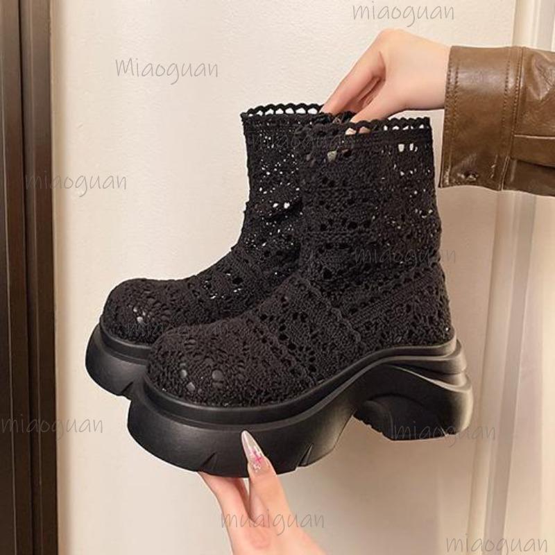 Autumn Platform Thick Bottom Woman Ankle Boot Hollow Out Breathable Shoes Ladies Elegant Lace Mordern Sandalias Booties