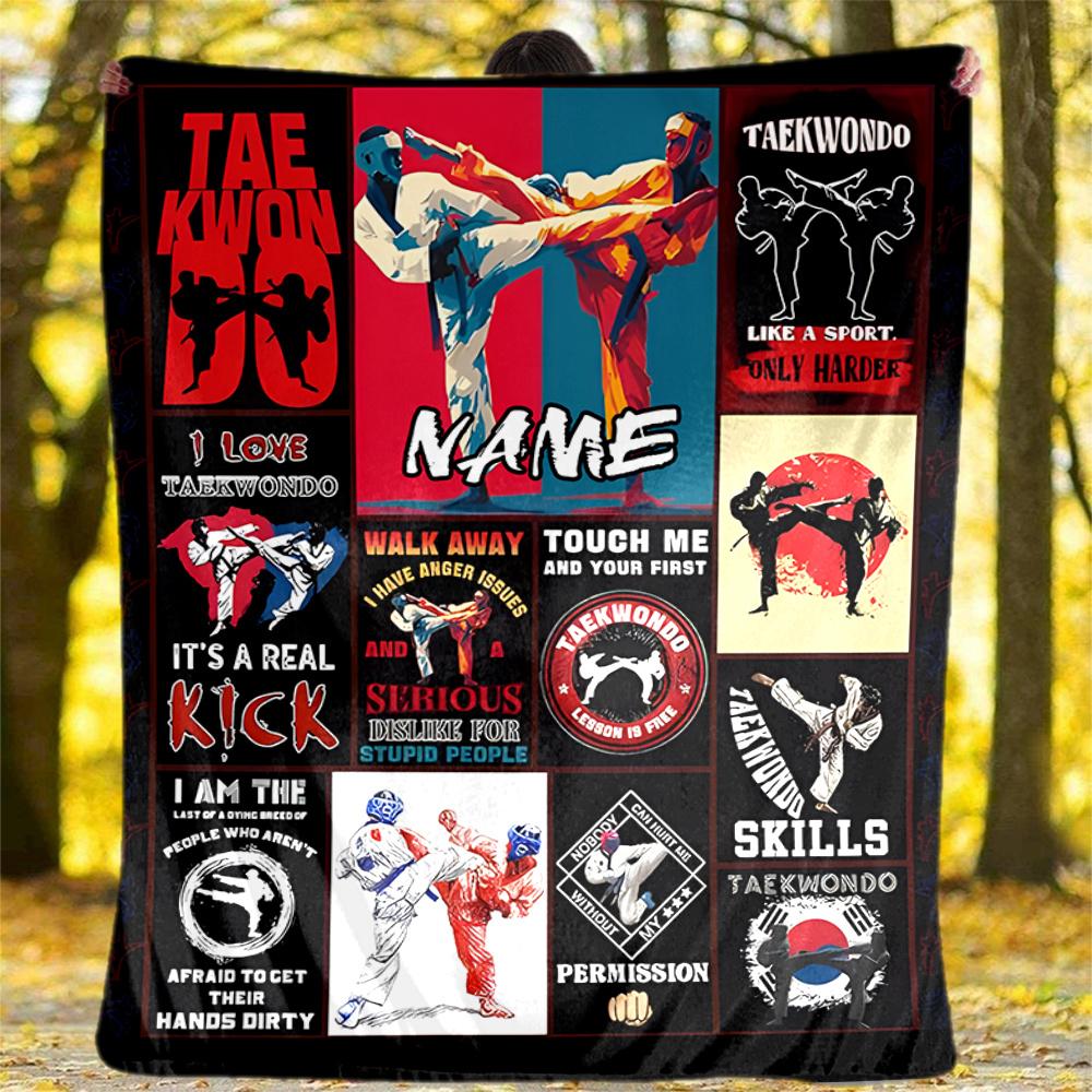 Taekwondo Arts And Skills Poster Design Personalized Outdoor Blanket Customize Your Name Durable Comfort Great For Picnics Outdoor Travel And Camping