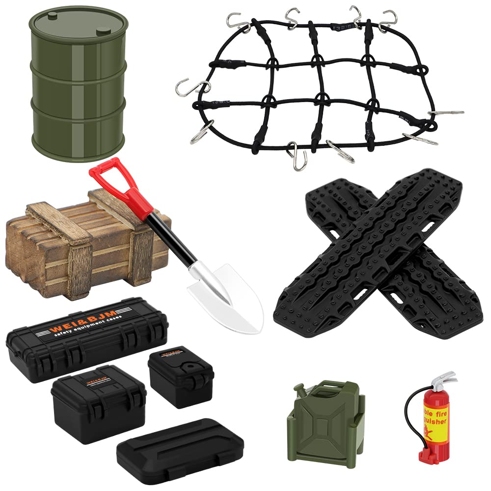 GLOBACT RC Crawler Car Parts Roof Decoration Luggage Net Recovery Board Toolbox Wood Box Shovel for 1/18 TRX4M 1/24 Axial SCX24