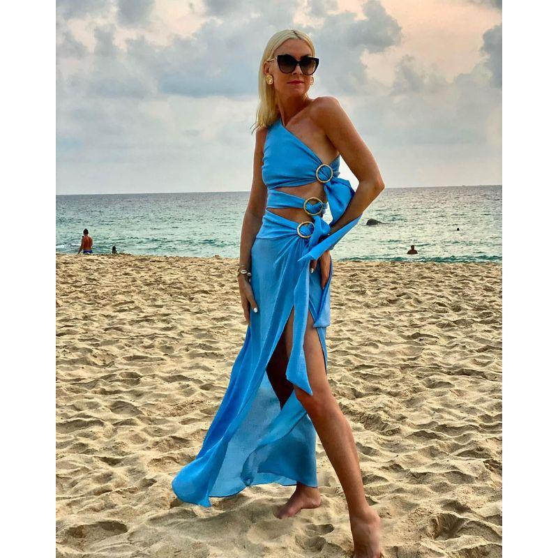 

2024 New Arrival Fashion Summer Sexy Strap Irregular Sleeveless Dress Women Blue S