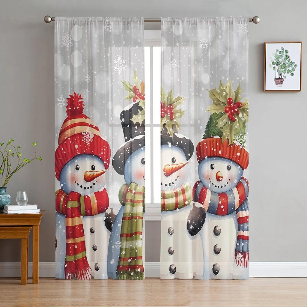 Christmas Snowman Snowflake Red Yarn Curtain Window Tulle Curtains For Living Room Kitchen Window Sheer Voile Curtains