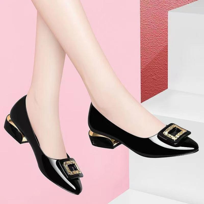 2025 Nuevos Zapatos Bajos de Moda de Lujo para Mujer Tacón Grueso Cara Brillante Zapatos de Cuero para el Trabajo Versátiles Casuales Zapatos para Mujer