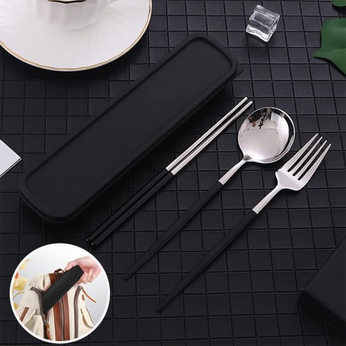 KALOLINNA 3-Piece Stainless Steel Cutlery Set with Chopsticks, Spoon, and Fork, Includes Case, Lightweight and Portable for Commuting, School, Field T