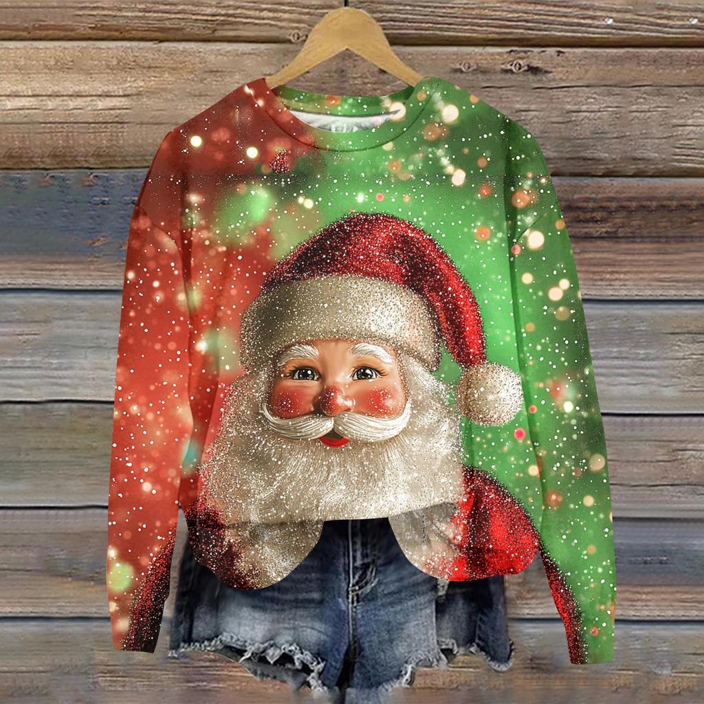 Ladies' Christmas Printed Casual Long Sleeved Round Neck Sports Hoodie Top