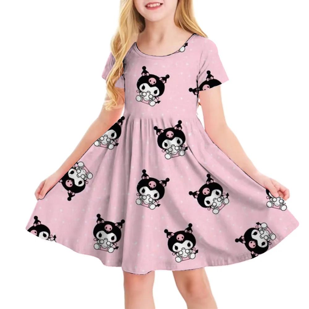 Sanrio New Summer Girls Dress Fashion Cartoon Cute Cinnamoroll &Hello Kitty 3D Printing Dress Kid Short Sleeve Princess Clothing
