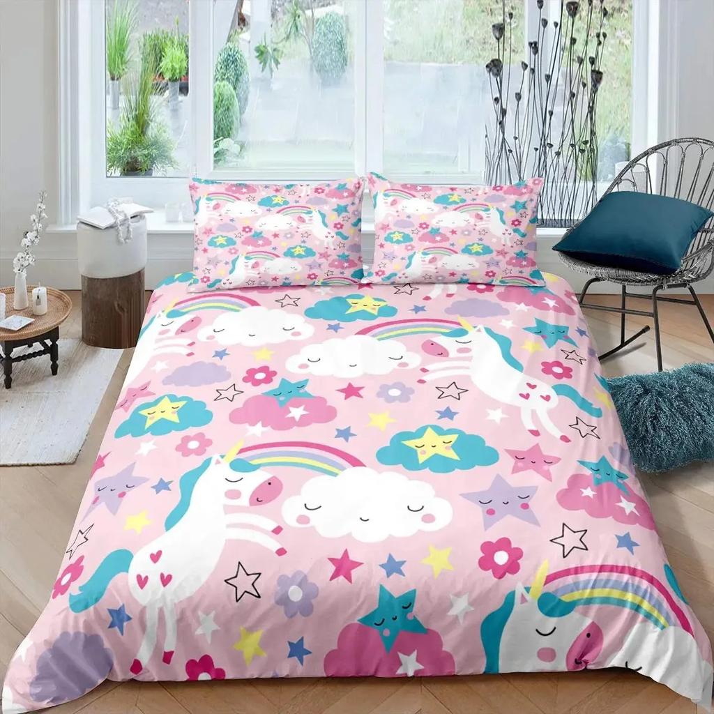 Unicorn Cat Duvet Cover Set Queen,Rainbow Unicorn Bedding Set,Girls Cartoon Magical Animal Sweet Icecream Comforter Cover