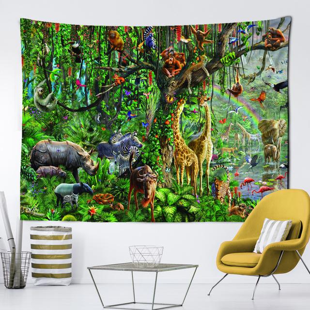 Cartoon Animal World Tapiserie Dinosaur Ilustrace Nástěnná závěsná místnost Hippie Dekor Obývací pokoj Ložnice Bohémský