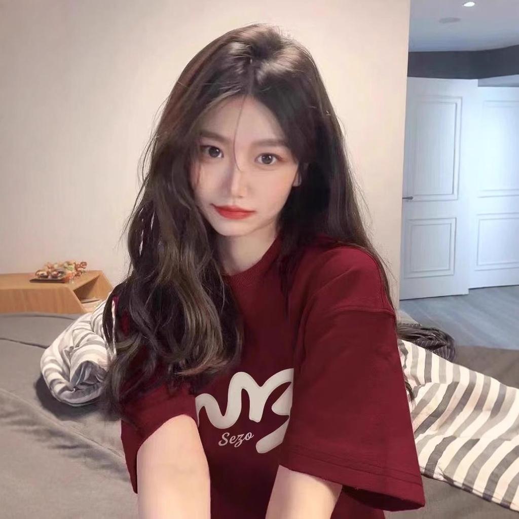 Burgundy Print Korean Style Casual Loose Short Sleeve T-Shirt