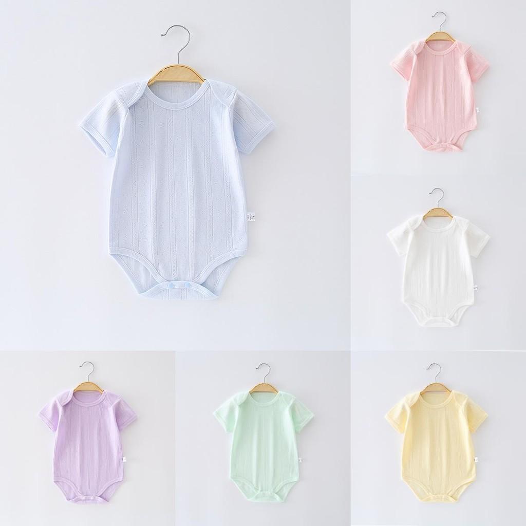 Solid Color Baby Cotton Mesh Romper With Short Sleeves For Spring Summer Infants