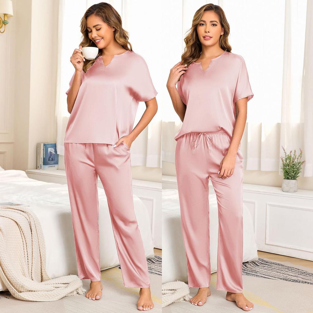 Damska piżama Imitacja jedwabiu 2 częściowe stroje do spania Krótki rękaw V-neck Koszulki Długie spodnie Luksusowy satynowy Wiosna Lato Nocne do spania do wypoczynku
