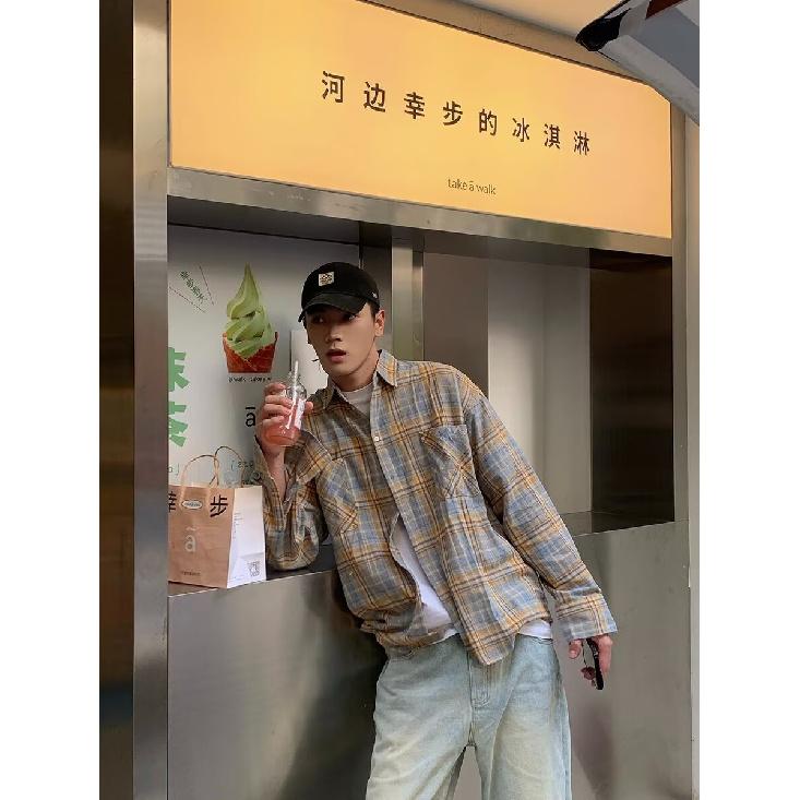 

Рубашка с длинным рукавом с буквенным принтом 2024 года в японском стиле в стиле Гонконга, свободная рубашка для мальчиков, летнее модное универсальное повседневное пальто 2XL жёлтый