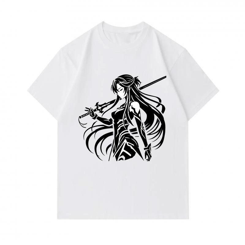 Men's 100% Cotton Crew Neck Short Sleeve T-Shirt, Cool Anime Female Samurai Sword Print Casual Tee, Comfortable Breathable Streetwear Top for Daily We