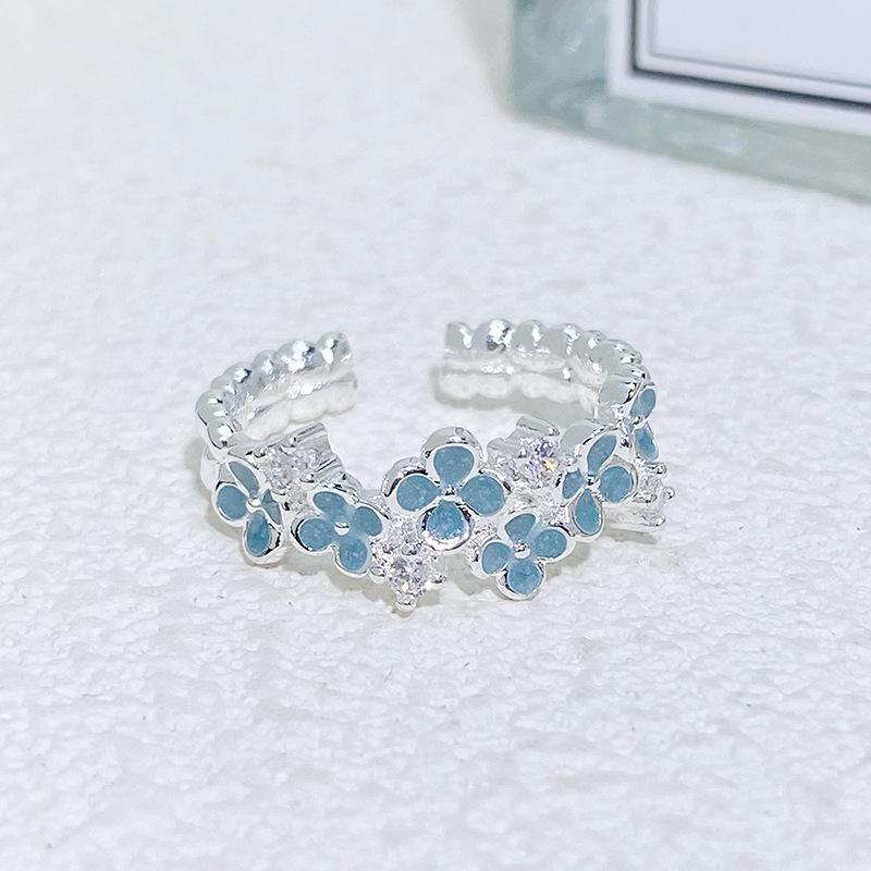 Spring And Summer Sea Blue Enamel Dripping Oil Flower Butterfly Opening Ring High Sense Personality Light Luxury Ring Women